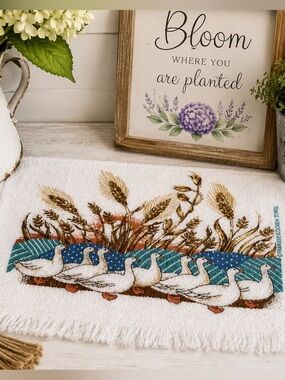 Vintage Franco Geese Kitchen Towel White Fringe Farmhouse Country Cottage Decor